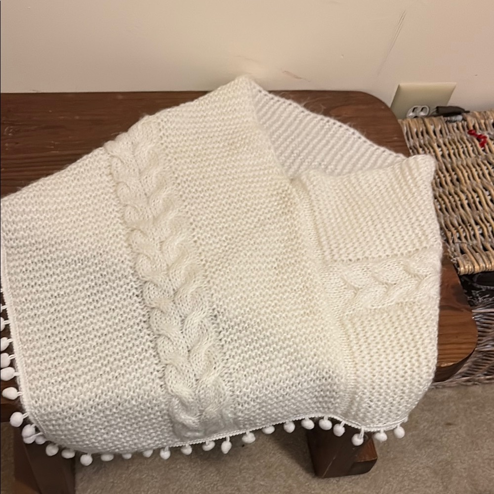 Cozy White Knit poncho with Pom-Pom Trim